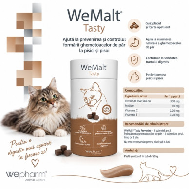 WeMalt Tasty – Supliment pentru Eliminarea Ghemotoacelor de Blană la Pisici, 30 Tablete Masticabile – WePharm